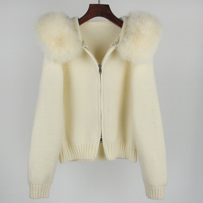 Zipper Real Fox Fur Collar Hooded coat