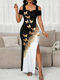 Women's Fashion Color-Block Butterfly Print Off-the-Shoulder Slit Maxi Dress