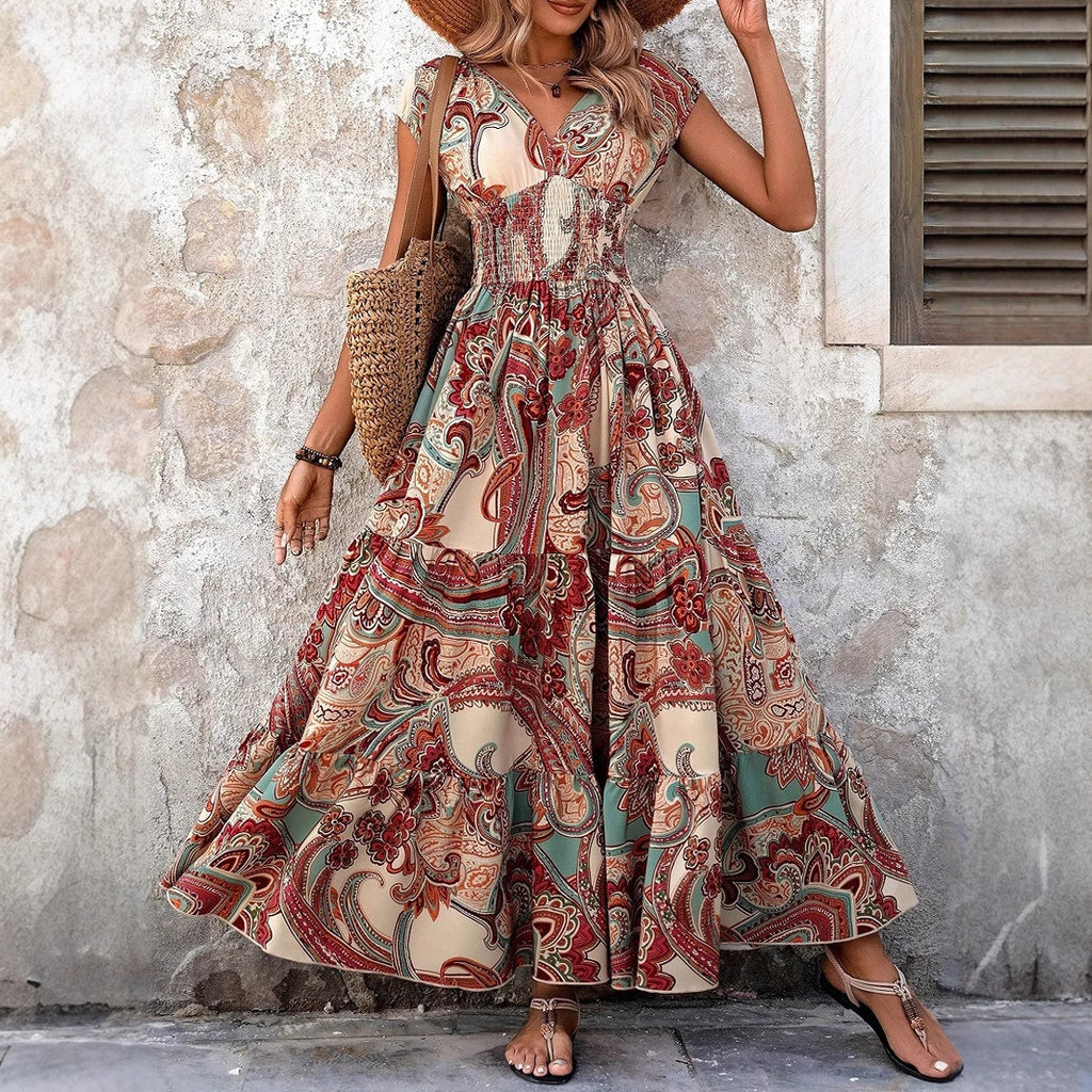 Resort-style Printed Dress For Women Summer V-neck Maxi
