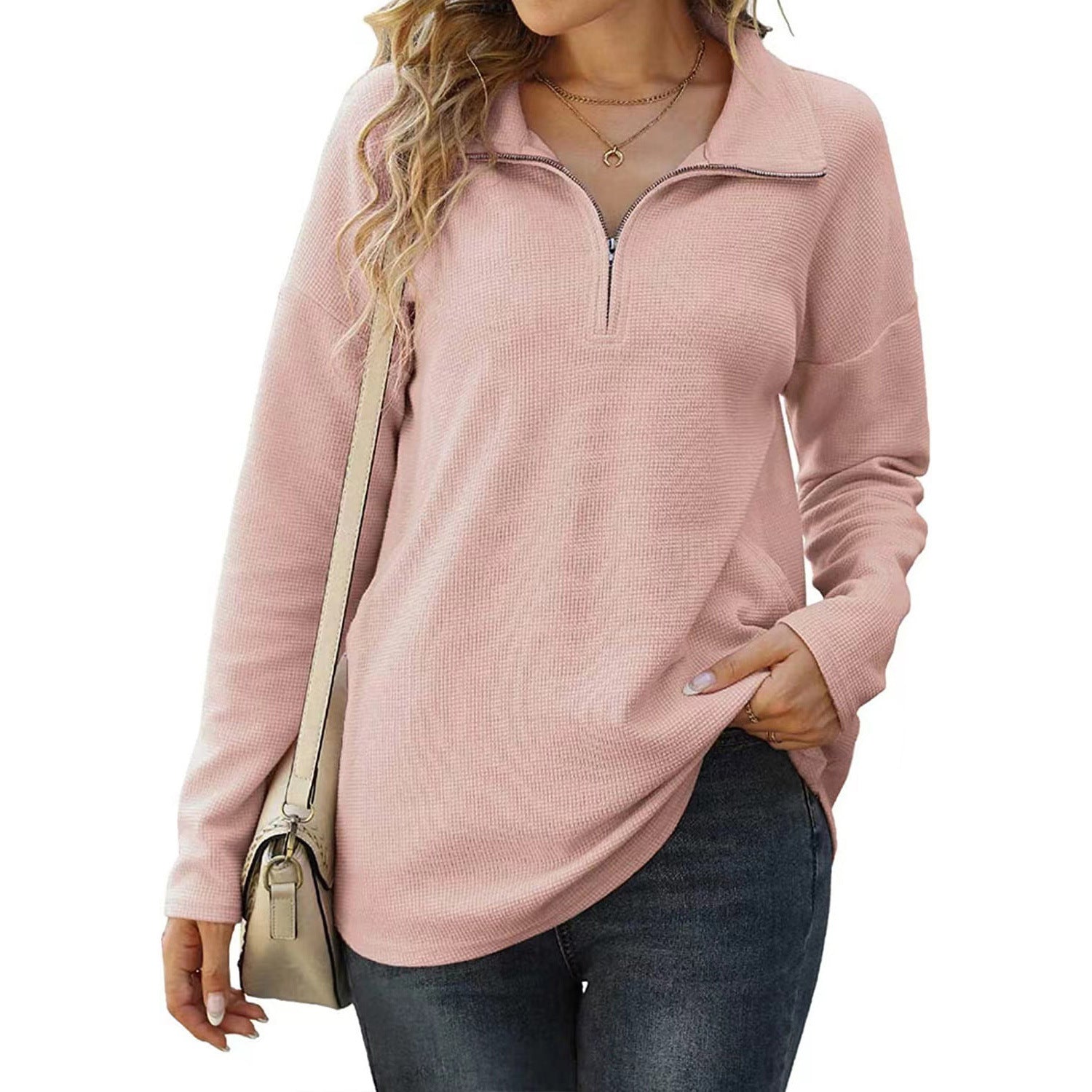 New Women's Loose Zip Pocket Knitwear Long Sleeve T-shirt Top