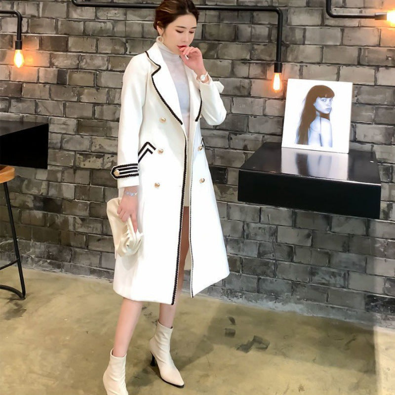 Thickened Slim Fit Double Breasted White Below The Knee Woolen Coat Women