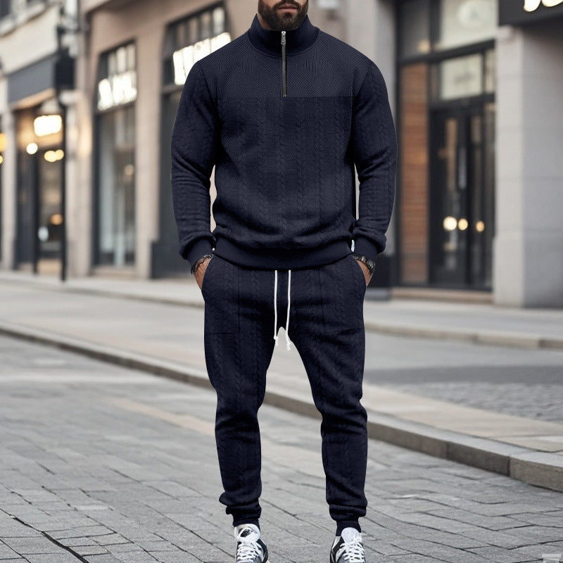 Men's Casual Fleece-lined Warm-up Zippered Track Pants Set