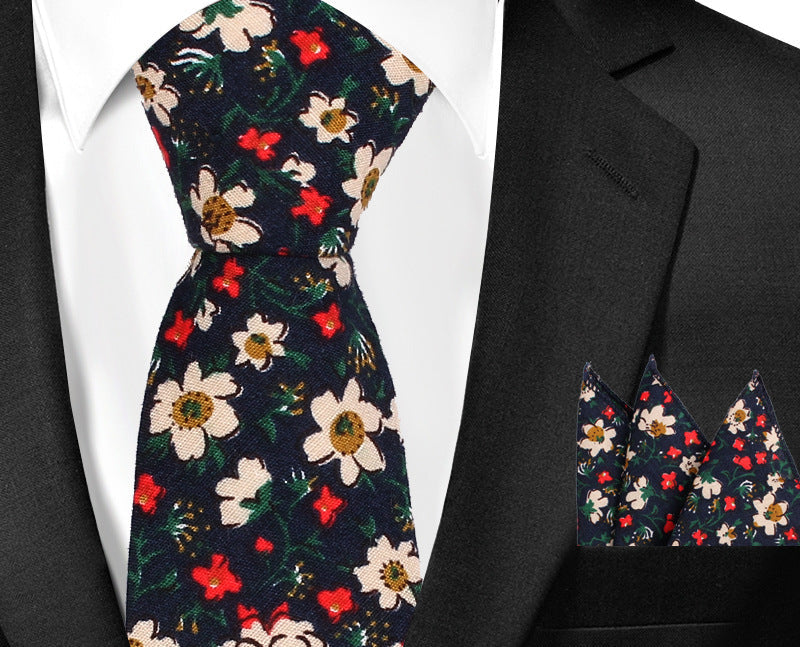 Casual Cotton Floral Print 6cm Casual Tie Pocket Square Suit