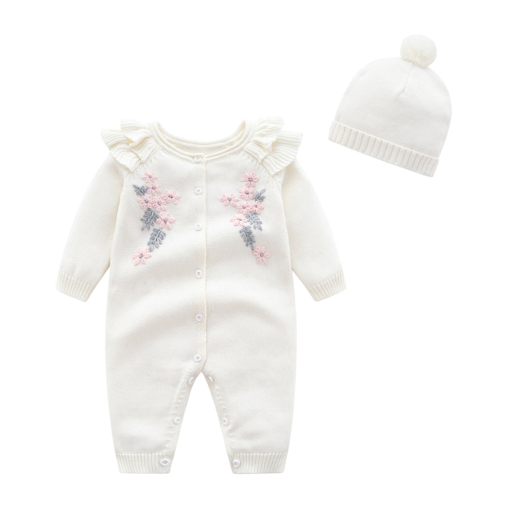 Embroidered Flower Knit Romper Long Sleeve  Jumpsuit