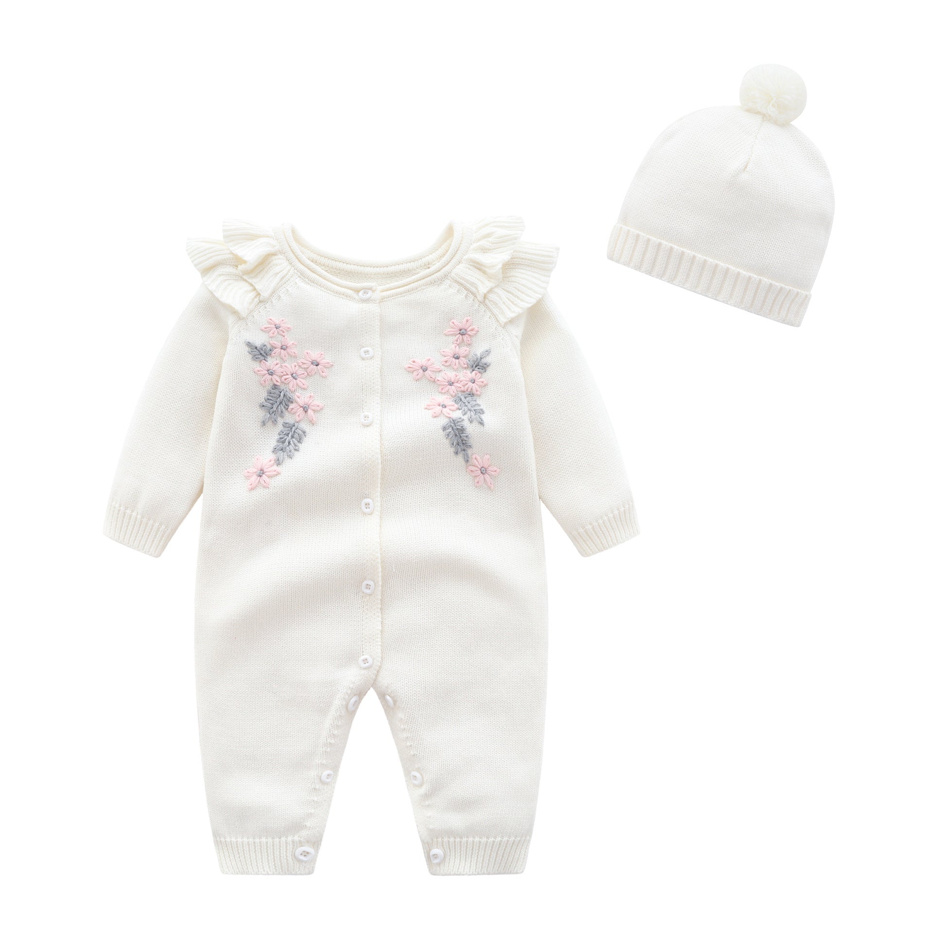 Embroidered Flower Knit Romper Long Sleeve  Jumpsuit