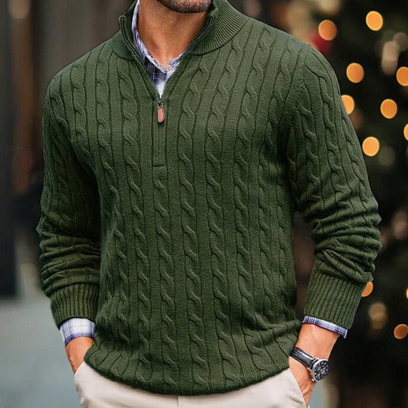 Mens Slim-fit Knitted Zip-up Mock-neck Long-sleeve Sweater
