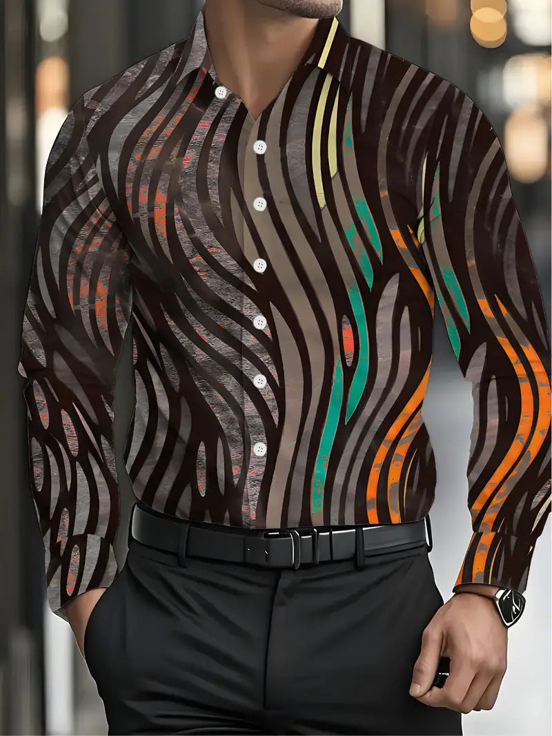 Mens Long-sleeve Striped Printed Shirt