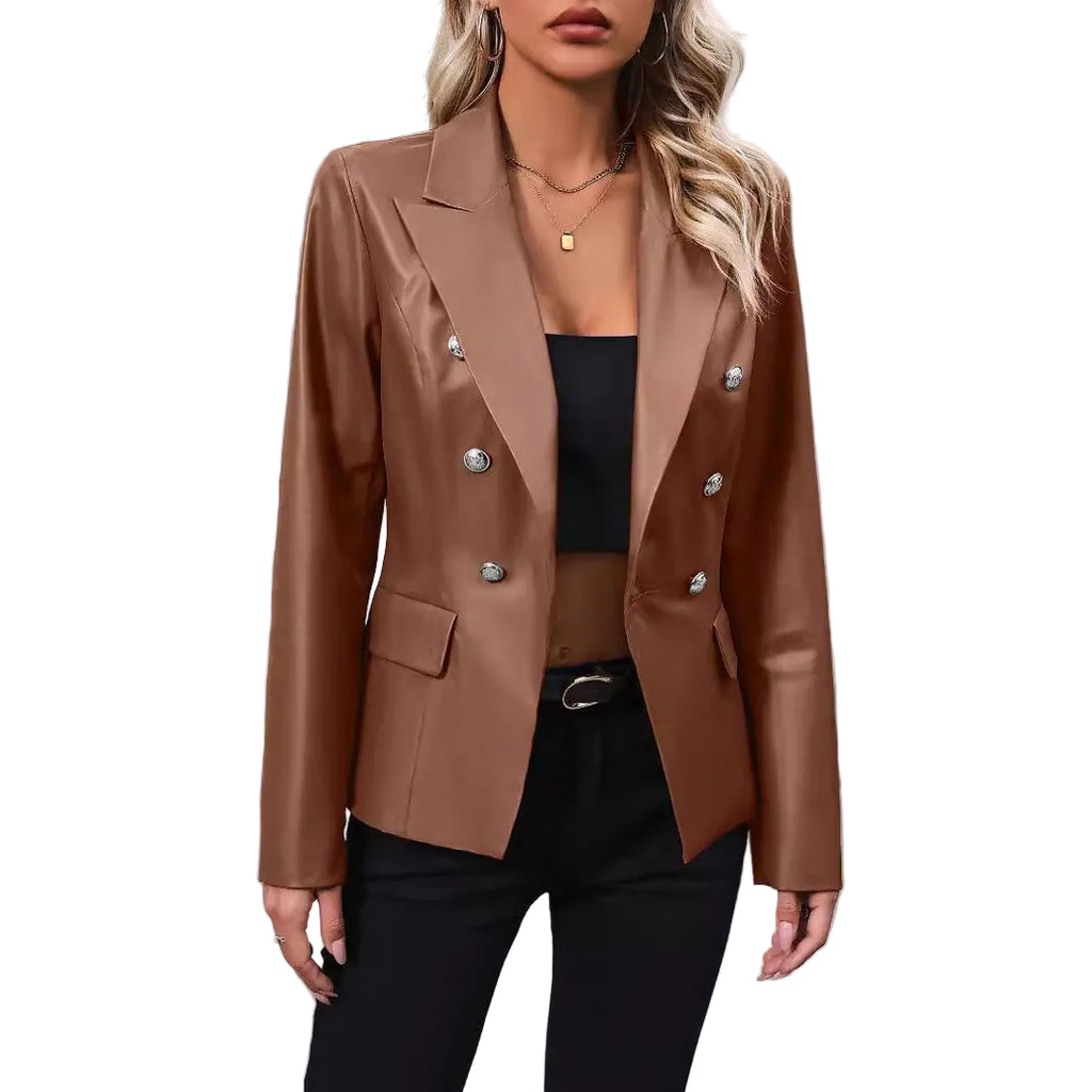 Women's Double Breasted Suit Motorcycle Leather Coat