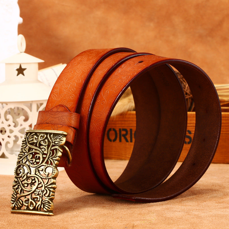 Leather Engraved With Hollow Buckle Printed Cowhide Belt