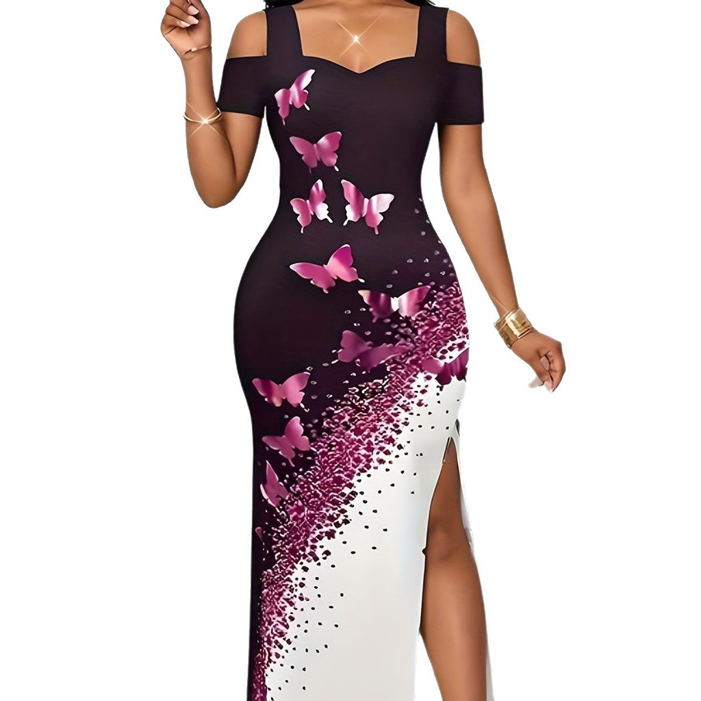 Women's Fashion Color-Block Butterfly Print Off-the-Shoulder Slit Maxi Dress
