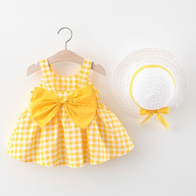 Baby Girl Plaid Skirt with  Straw Hat