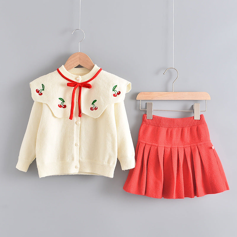 Western Style Knitted Two-piece Sweater Children Cute Long Sleeve Suit Skirt