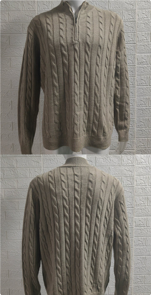 Mens Slim-fit Knitted Zip-up Mock-neck Long-sleeve Sweater