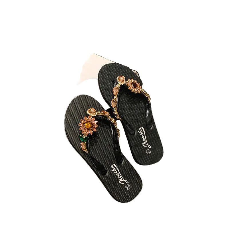 SUNFLOWER Outer Wear Flat Diamond-embedded Beach Slippers