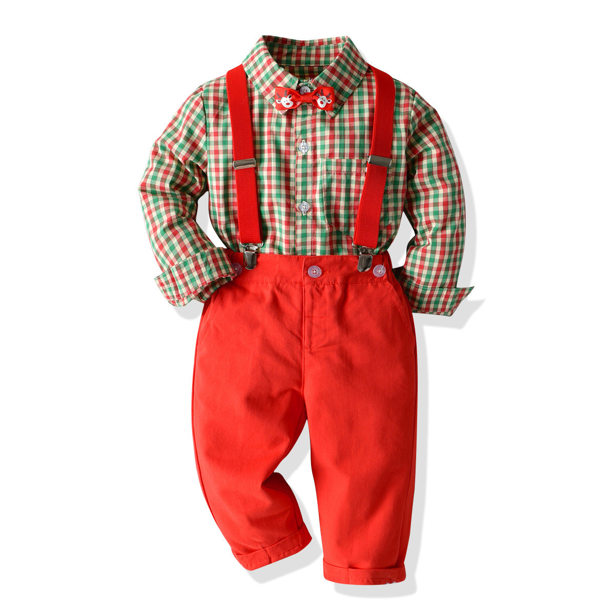 Boys' Plaid Shirt Bow Tie Overalls Party Dress