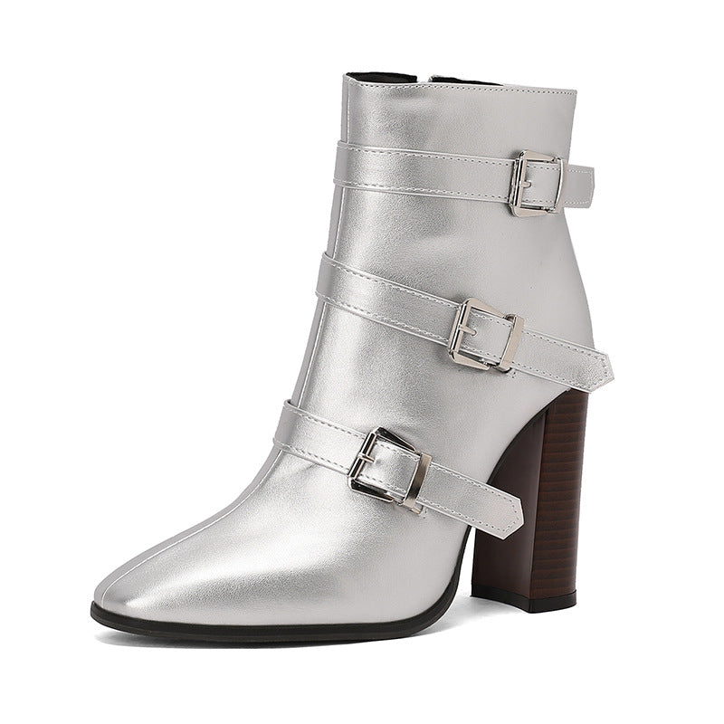Belt Buckle Booties Thick High-heel Martin Boots