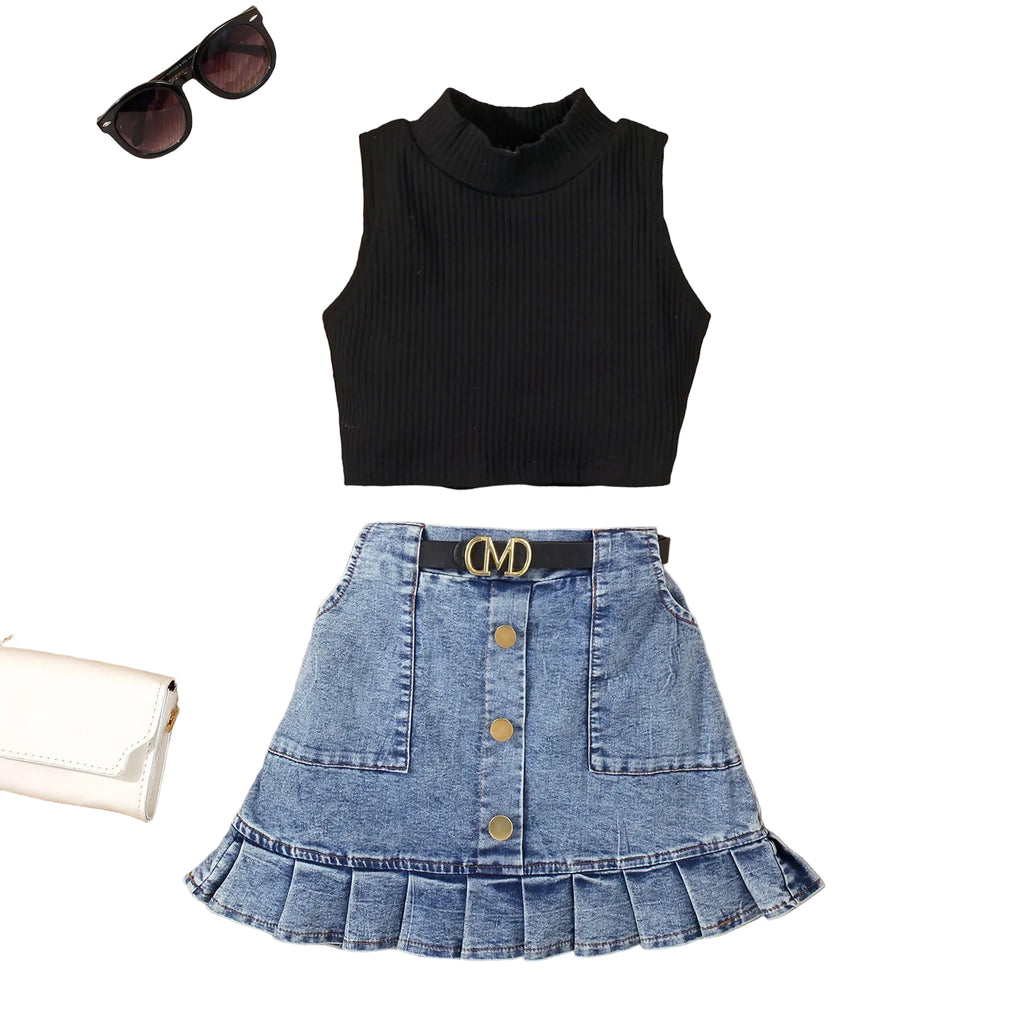 Waistcoat Sleeveless Top Denim  Skirt Suit