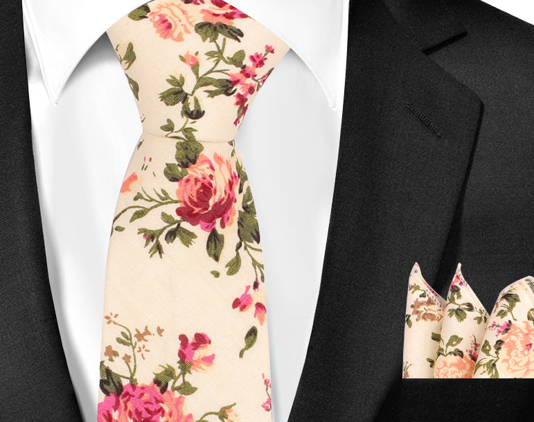 Casual Cotton Floral Print 6cm Casual Tie Pocket Square Suit