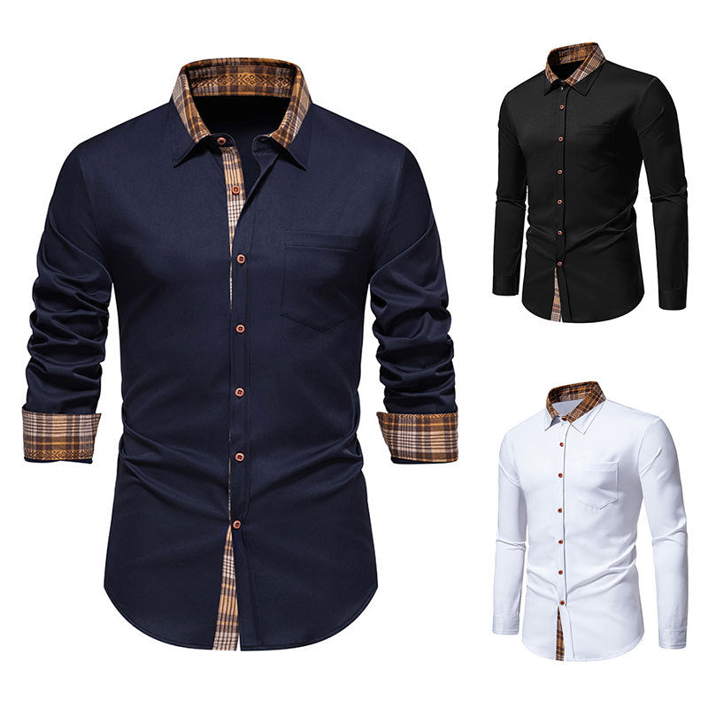 Plaid Contrast Stitching Men's Long Sleeve Shirt