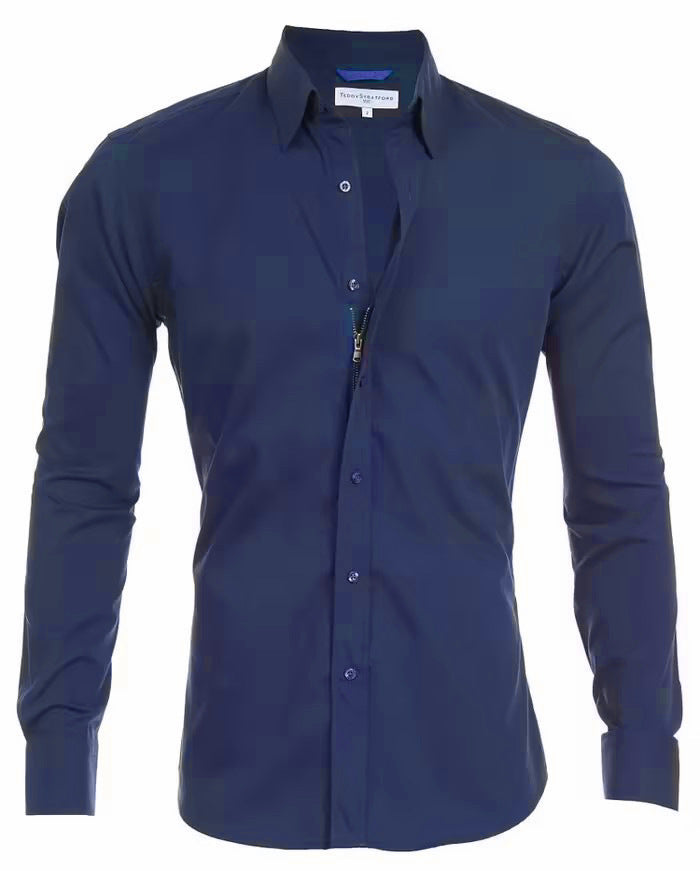 Men Hidden Zipper Oxford Shirt – Cotton Blend Long Sleeve