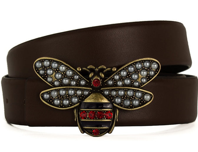 Leather Belt With Metal Bee Buckle
