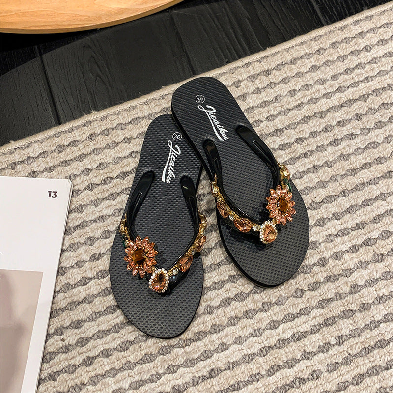 SUNFLOWER Outer Wear Flat Diamond-embedded Beach Slippers
