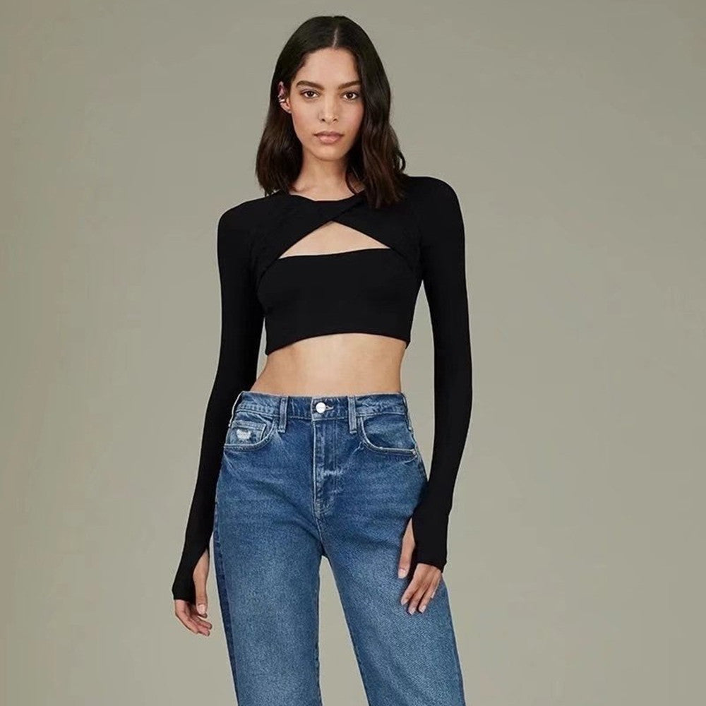 Long Sleeve Slim Fit Women's T-Shirt Cross Knotted Neckline