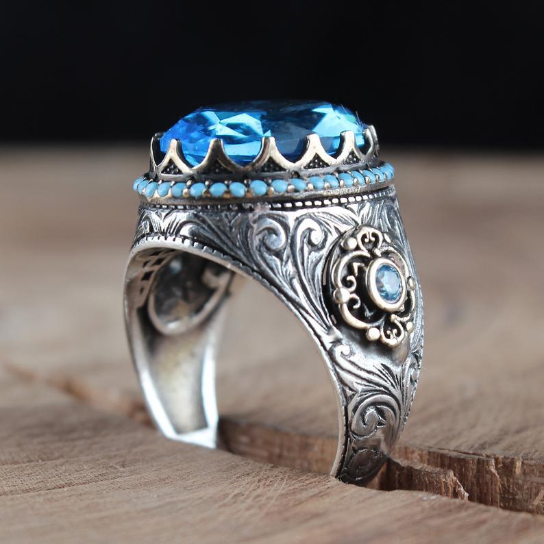 European And American New Style Inlaid Sea Blue Zircon Ring