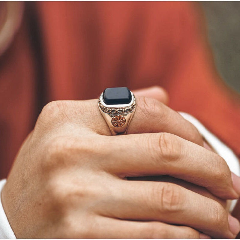 New 925 Silver Vintage Black Agate Ring