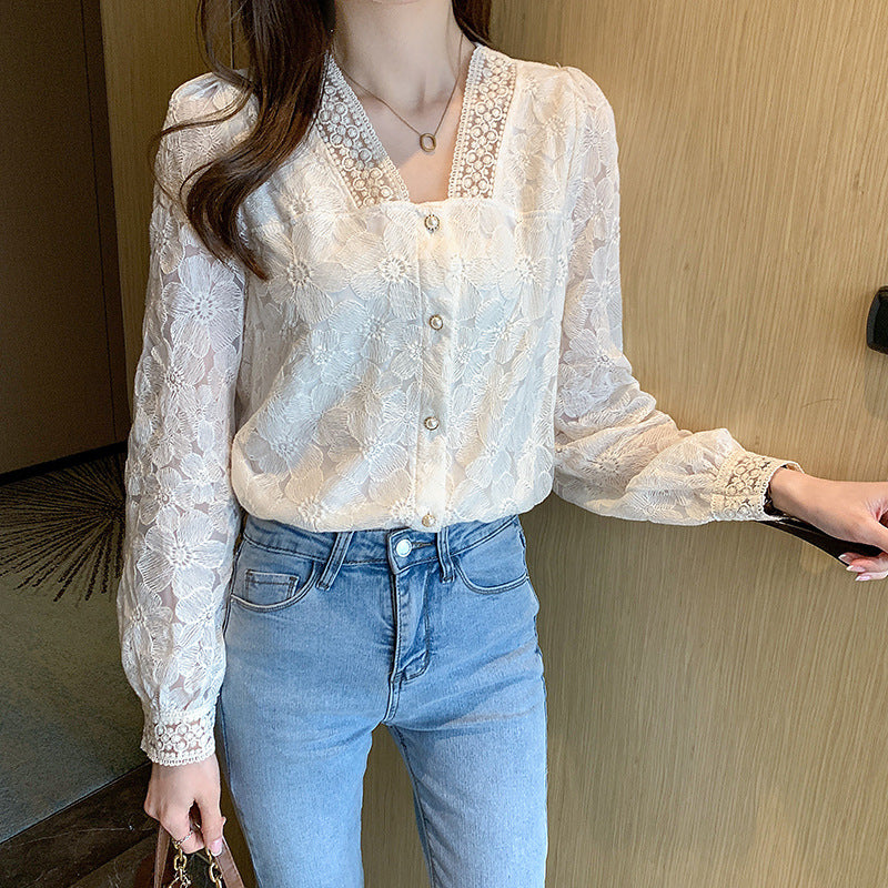 V-Neck Balloon Sleeve Long Sleeve Shirt Women's Top