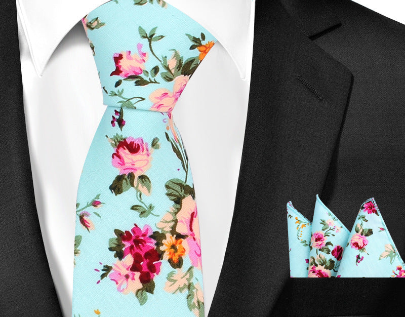 Casual Cotton Floral Print 6cm Casual Tie Pocket Square Suit