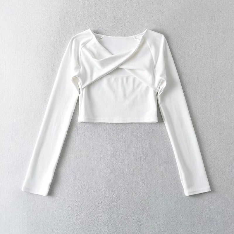 Long Sleeve Slim Fit Women's T-Shirt Cross Knotted Neckline