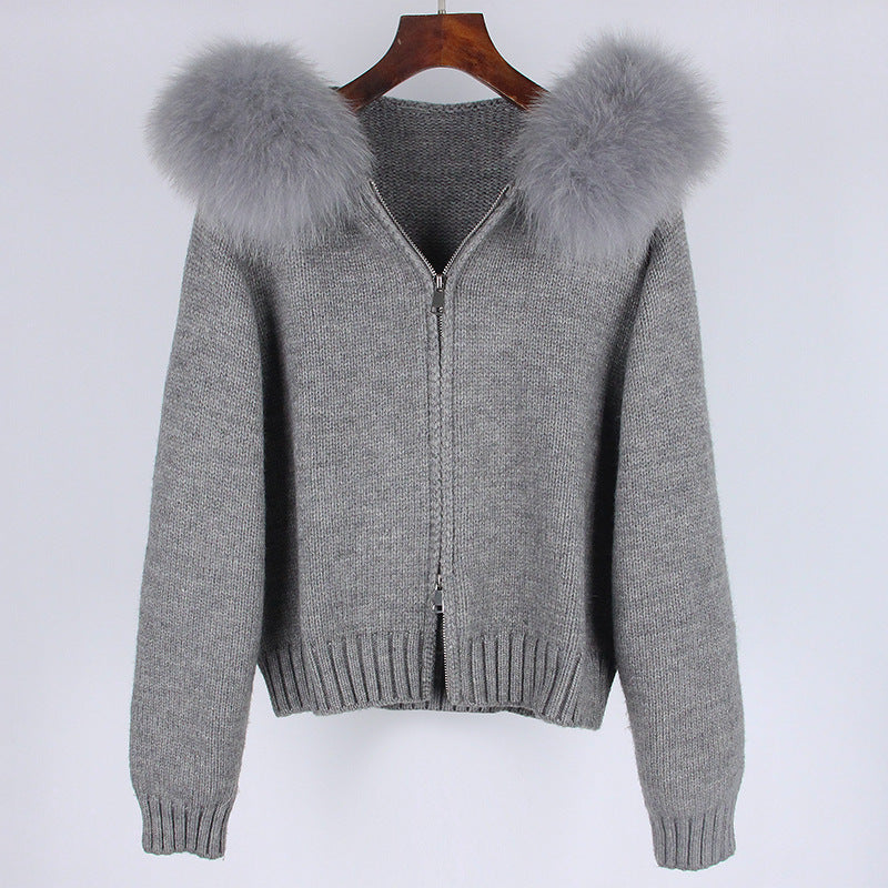 Leisure Hooded Real Fox Fur Collar Sweater Outer Fur Coat