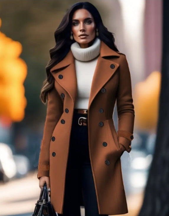 European And American Elegant Women's Solid Color Double Breasted Woolen Coat