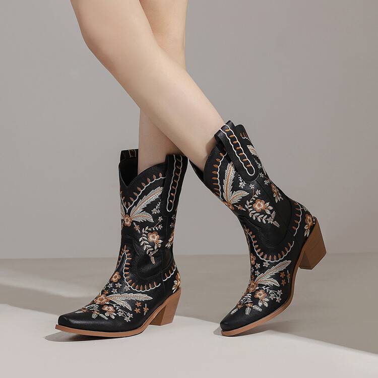 Heel Embroidery Knee-high Cowboy Boots