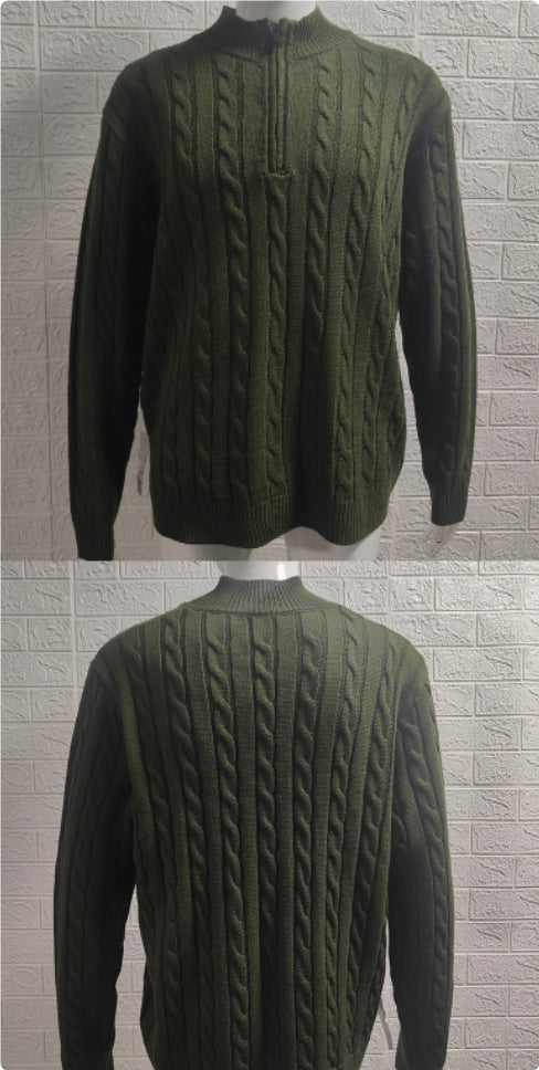 Mens Slim-fit Knitted Zip-up Mock-neck Long-sleeve Sweater