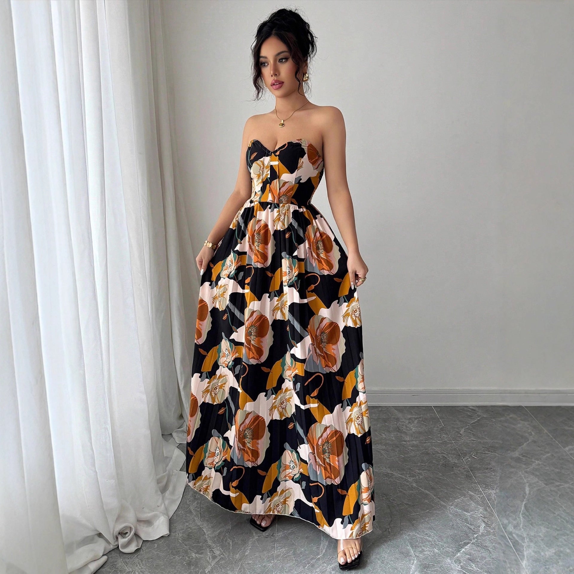Women's Printed Pleated Sleeveless Tube Maxi Dress