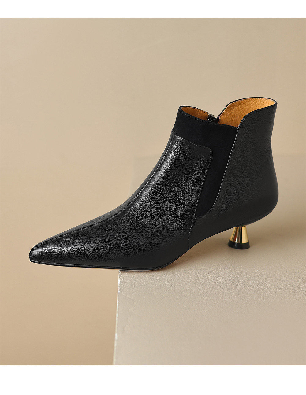 Genuine Leather Pointed-toe Kitten Heel Ankle Boots With A Sleek Mid-heel Design