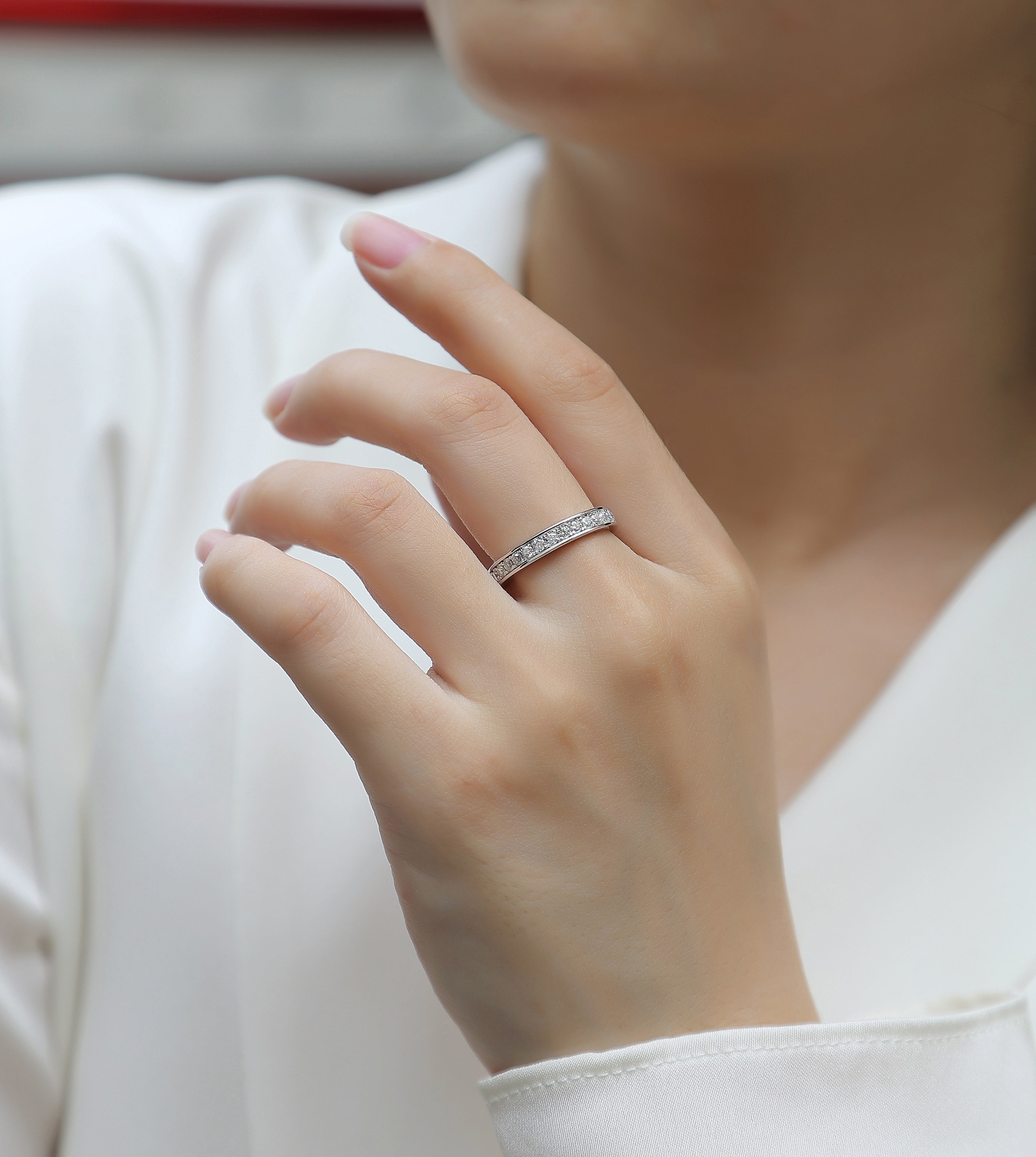 Trajectory - Set With Top-quality Moissanite S925 Silver And Platinum-plated Diamond Wedding Ring, The Ring Can Be Tested With A Diamond Pen In Gold And Rose Gold