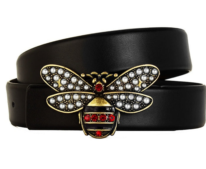 Leather Belt With Metal Bee Buckle