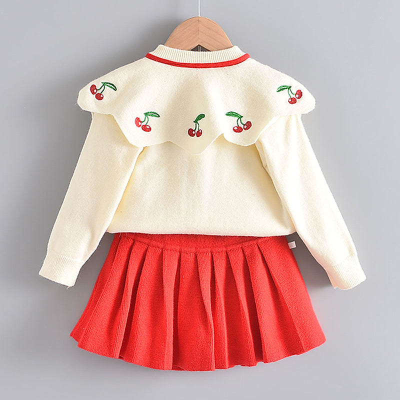 Western Style Knitted Two-piece Sweater Children Cute Long Sleeve Suit Skirt