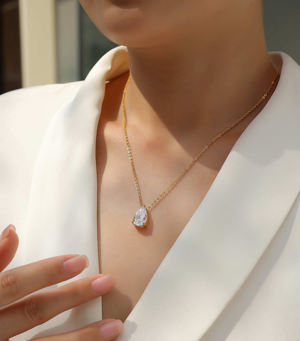 Pear-Shaped Moissanite Pendant Necklace – S925 Silver Gold Plated