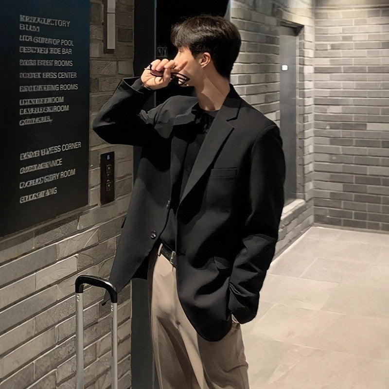 Men's Autumn Loose-Fit Black Single-Breasted Suit Jacket