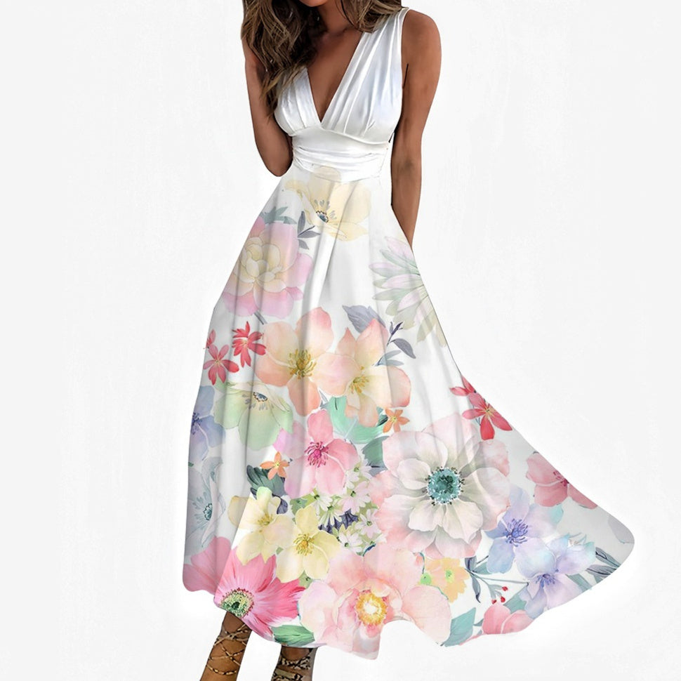 Digital Printing Women V-neck Sleeveless Maxi Dress