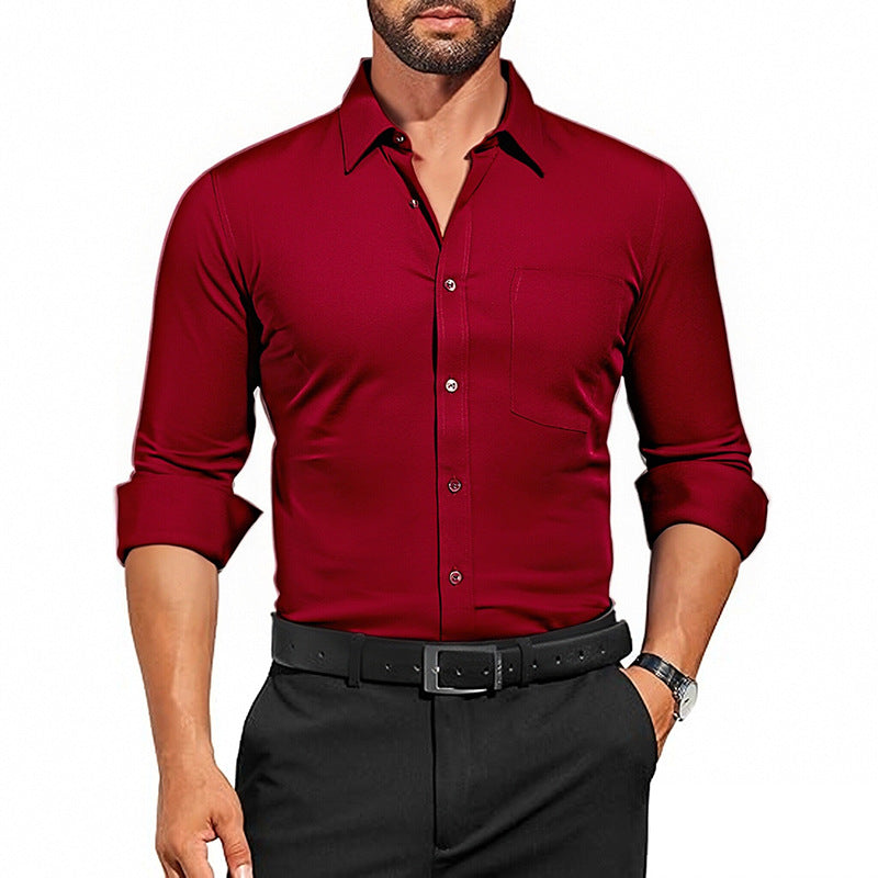 Men's Breathable Stretch Wrinkle-resistant Solid Color Long Sleeve Shirt