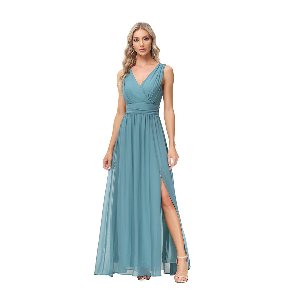 Chiffon Double V-neck Sleeveless A- Line Evening Dress