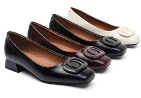 Womens Retro Square-Toe Leather Shoes Low-Heel Chunky-Heel Pumps