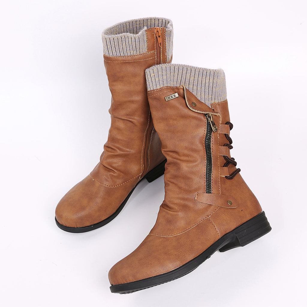 Woolen Edge Round Head Side Zipper Leather Boots