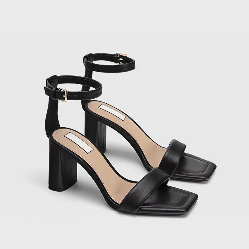 Women's Brown Thick High-heeled Sandals With Square Toe