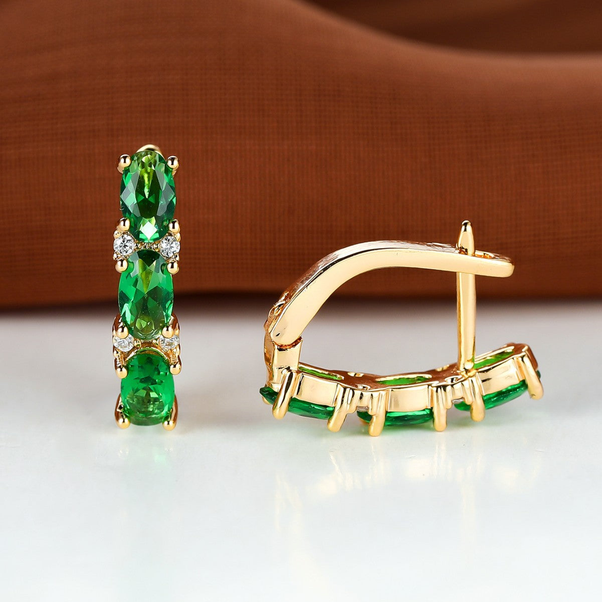 French-Style Light-Luxury Gold Three-Row Oval Diamond Earrings